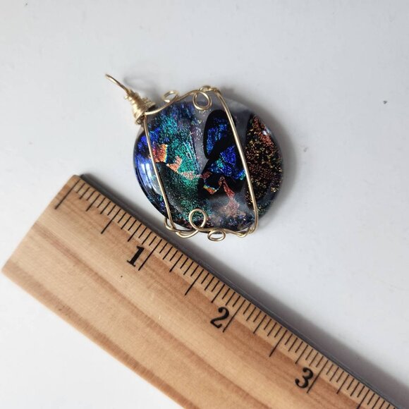 Handmade Wire Wrapped Dichroic Glass Pendant, Blue / Gold - Picture 5 of 5